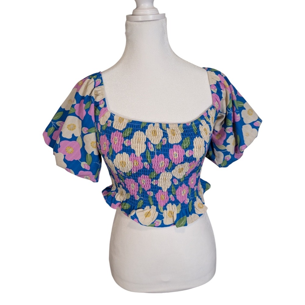 Altar'd‎ State Blue Floral Smocked Puff Sleeve Crop Top Women's Size Medium